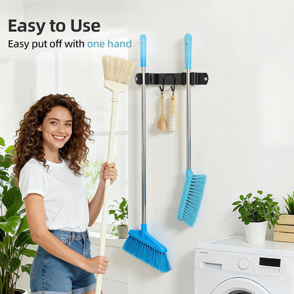Stainless Steel Broom Holder Wall Mount - 2 Slots & 2 Hooks Organizer for Home, Garage & Garden