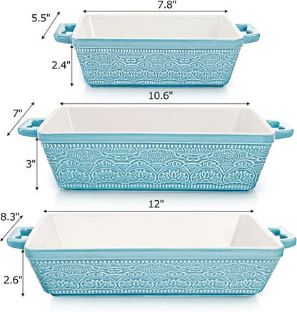 Hacaroa Ceramic Baking Dishes Set - Elegant Rectangular Bakeware with Handles | Lake Blue, 3 Sizes