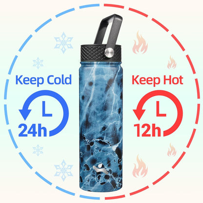 Skiennix 22oz Stainless Steel Water Bottle - Insulated with 3 Lids | Marble Ocean Design