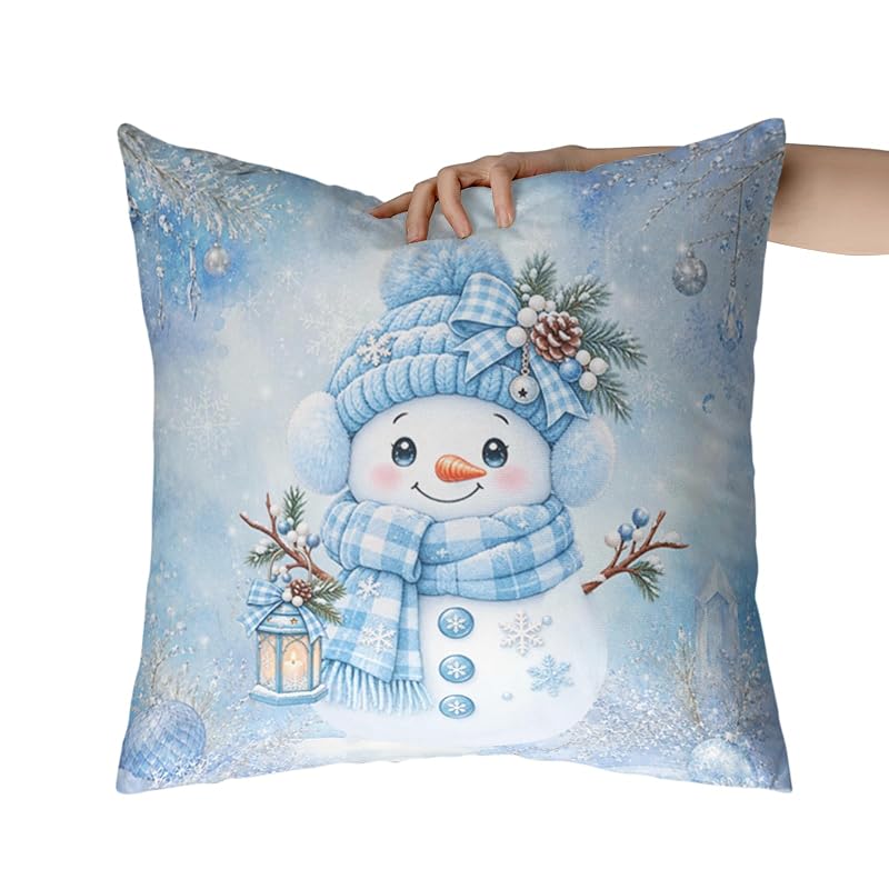 Blue Snowman Pillow Covers 18x18 Pack of 2 – Winter Snowflake Decorative Pillowcase