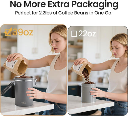 Veken Coffee Canister - 39oz Airtight Stainless Steel Storage for 2.2lbs Coffee, Sugar, Tea & More | Gray