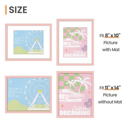 upsimples 11x14 Picture Frame, Display Pictures 8x10 with Mat or 11 x 14 Without, Wall Hanging Photo Frames, Pink, 1 Pack