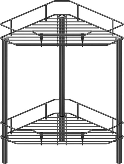 HuggieGems Corner Shower Caddy Organizer - 2 Tier Floor Standing Shelf with Hooks | Black Bathroom Storage