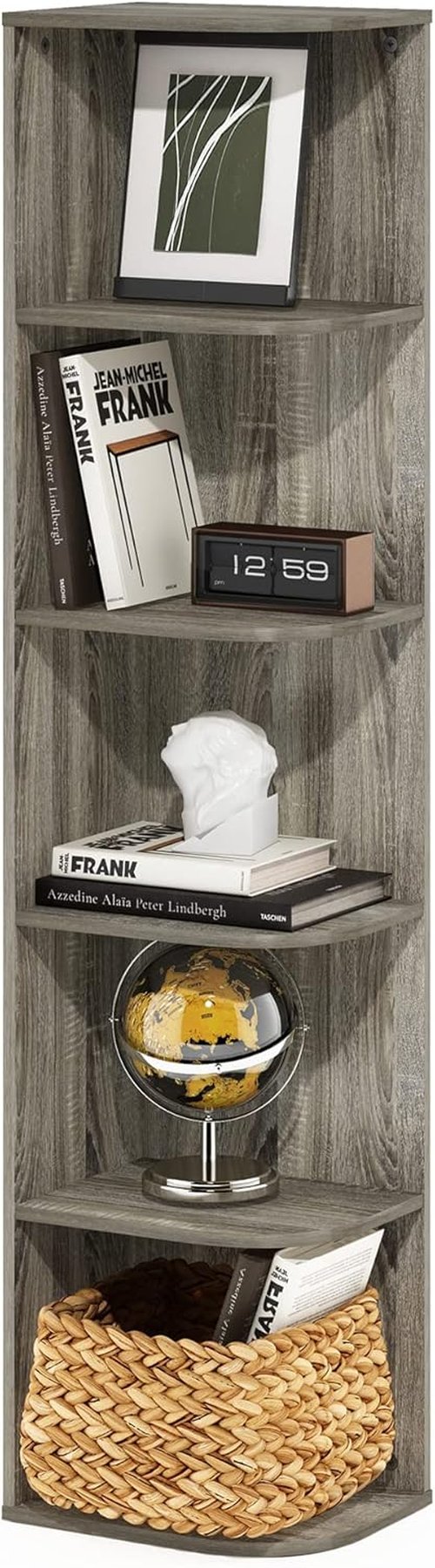 Furinno PASIR 5-Tier Corner Bookshelf - Stylish Open Shelf Bookcase for Living Room, Bedroom, Home Office | French Oak Finish