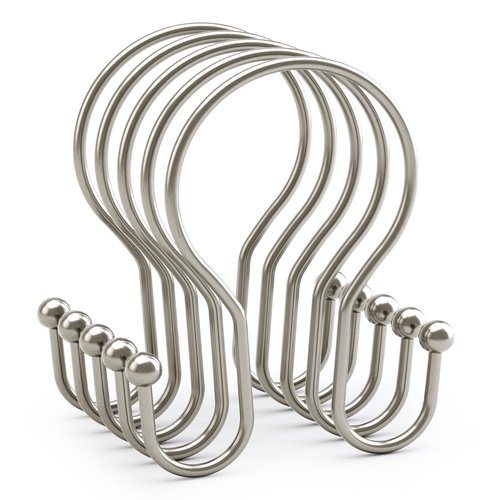 AmazerBath Shower Curtain Hooks Brushed Nickel Shower Curtain Rings, Simple Double Hook Shower Curtain Hooks Rust Proof, Smooth Glide Metal Shower Hooks for Shower Curtain, 12Pcs Shower Rod Hooks