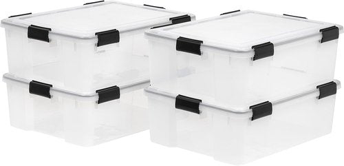 IRIS USA WeatherPro 41 Qt Storage Bins - BPA-Free Plastic, Stackable & Nestable with Tight Seal | Clear/Black, 4 Pack