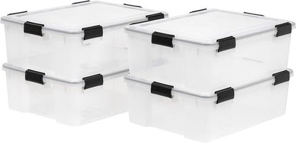 IRIS USA WeatherPro 41 Qt Storage Bins - BPA-Free Plastic, Stackable & Nestable with Tight Seal | Clear/Black, 4 Pack
