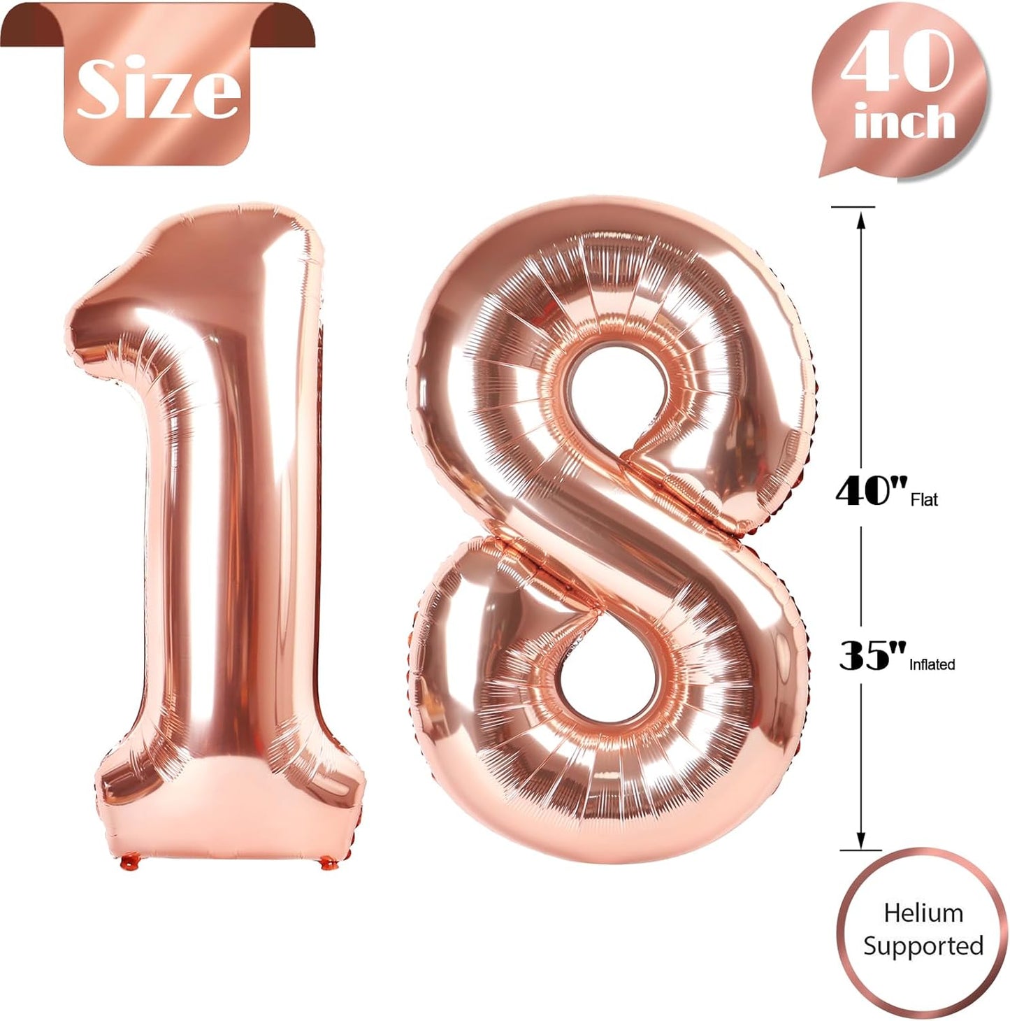 Rose Gold Number 18 Balloon - 40 Inch 18th Birthday Decoration for Men & Women