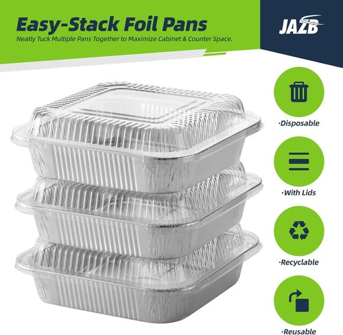 Jazb 8x8 Square Aluminum Foil Pans - 40PCS with Clear Plastic Lids for Easy Food Storage & Cooking