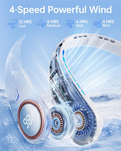 Skiennix Bladeless Neck Fan - Portable Wearable Cooling Device with LED Display, 4 Speeds, 5000mAh Battery | USB Rechargeable (White)