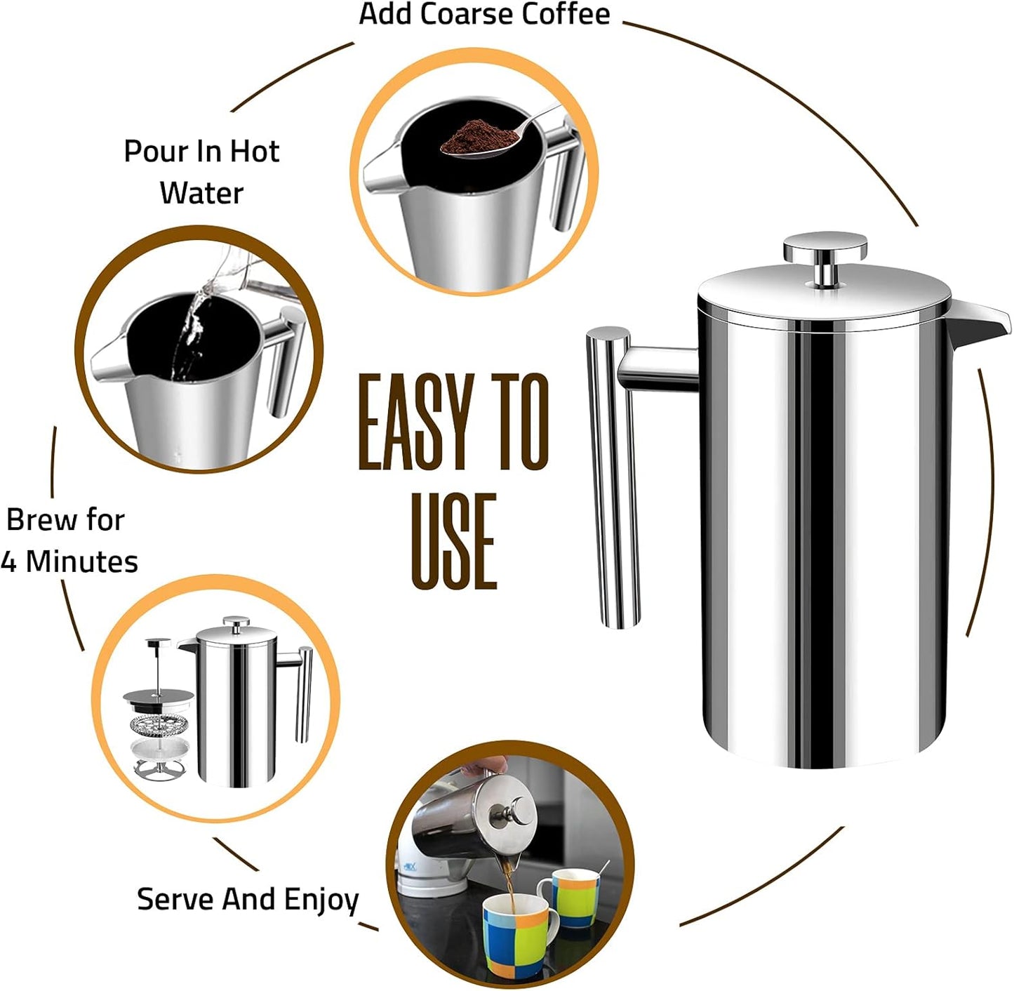 Utopia Kitchen 34 Oz Stainless Steel French Press Coffee Maker - Double Wall Insulated, 4-Level Filtration, Rust-Free, Dishwasher Safe