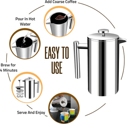 Utopia Kitchen 34 Oz Stainless Steel French Press Coffee Maker - Double Wall Insulated, 4-Level Filtration, Rust-Free, Dishwasher Safe