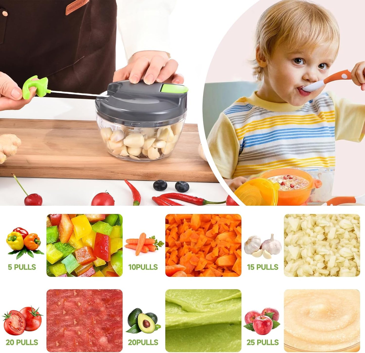 Skiennix Manual Food Processor - Portable Vegetable Chopper & Garlic Mincer | 500ml Gray-Green