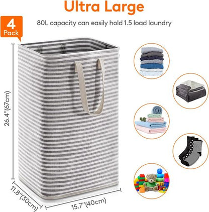 Lifewit 4-Pack Laundry Basket - 80L Each, Collapsible Hamper with Reinforced Handles | Waterproof Design in Black