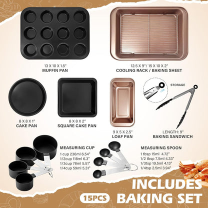 Skiennix Nonstick Bakeware Set - 15-Piece Baking Pan Collection with Cooling Rack & Accessories | Oven Safe Metal