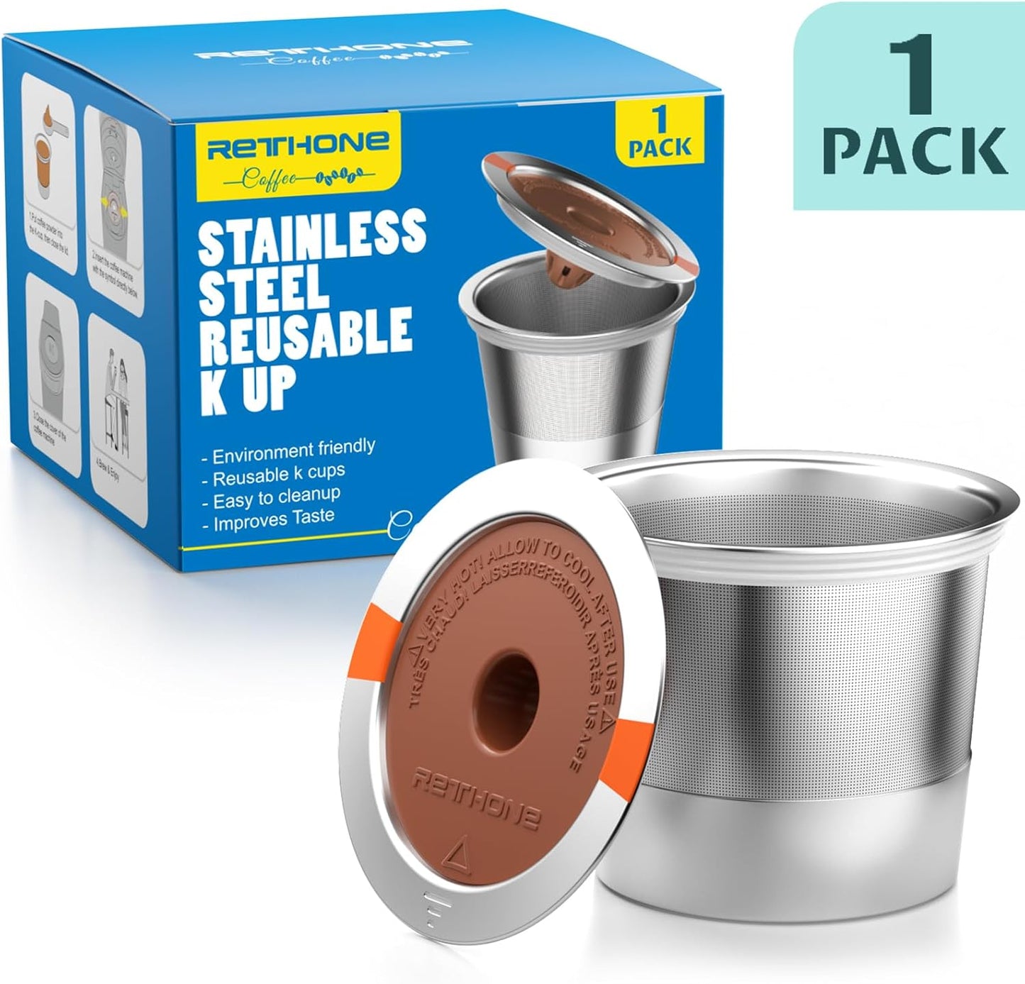 RETHONE K Cup Reusable Coffee Pods - Stainless Steel Compatible with Keurig 1.0 & 2.0 | 1 Pack