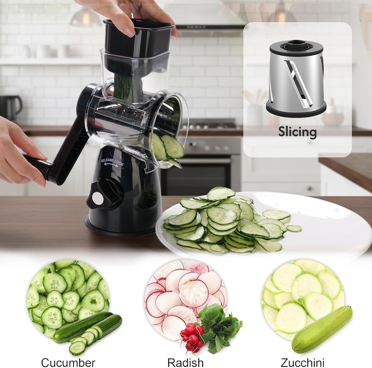 Rotary Cheese Grater - 3-in-1 Shredder with Hand Crank | Non-Slip Suction Base, Food Grade, Black