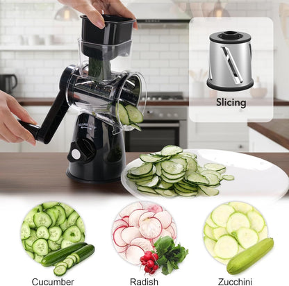 Rotary Cheese Grater - 3-in-1 Shredder with Hand Crank | Non-Slip Suction Base, Food Grade, Black
