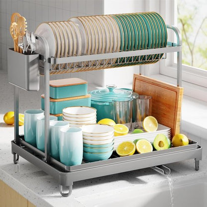 2-Tier Dish Drying Rack - Stainless Steel Kitchen Organizer with Cutlery Holders | 16.7" W x 12.7" L x 15.8" H, Gray