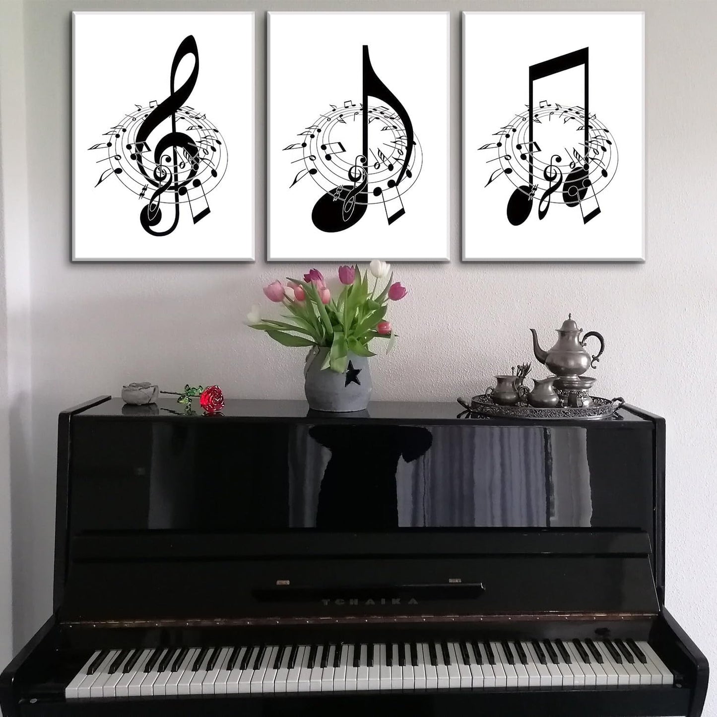 Skiennix Framed Music Notes Wall Art - Stylish Black & White Canvas Prints for Music Rooms | 12x16 in (Set of 3)