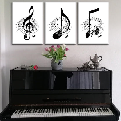 Skiennix Framed Music Notes Wall Art - Stylish Black & White Canvas Prints for Music Rooms | 12x16 in (Set of 3)