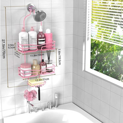 DAOYA Pink 3-Tier Shower Caddy - Overhead Organizer with Soap Holder & 6 Hooks for Bathroom Storage