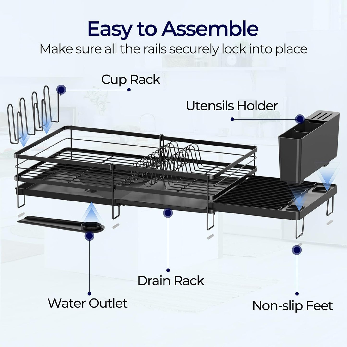 Skiennix Large Dish Drying Rack - Expandable Kitchen Counter Drainer with Utensil & Cup Holder | 13.4"-28.7" L x 11.8" W