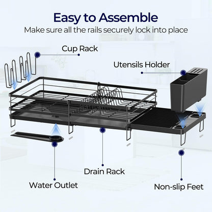 Skiennix Large Dish Drying Rack - Expandable Kitchen Counter Drainer with Utensil & Cup Holder | 13.4"-28.7" L x 11.8" W