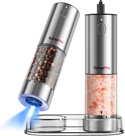 TempPro Electric Salt and Pepper Grinder Set - Rechargeable Automatic Shakers with LED | 100ml, 2-Pack