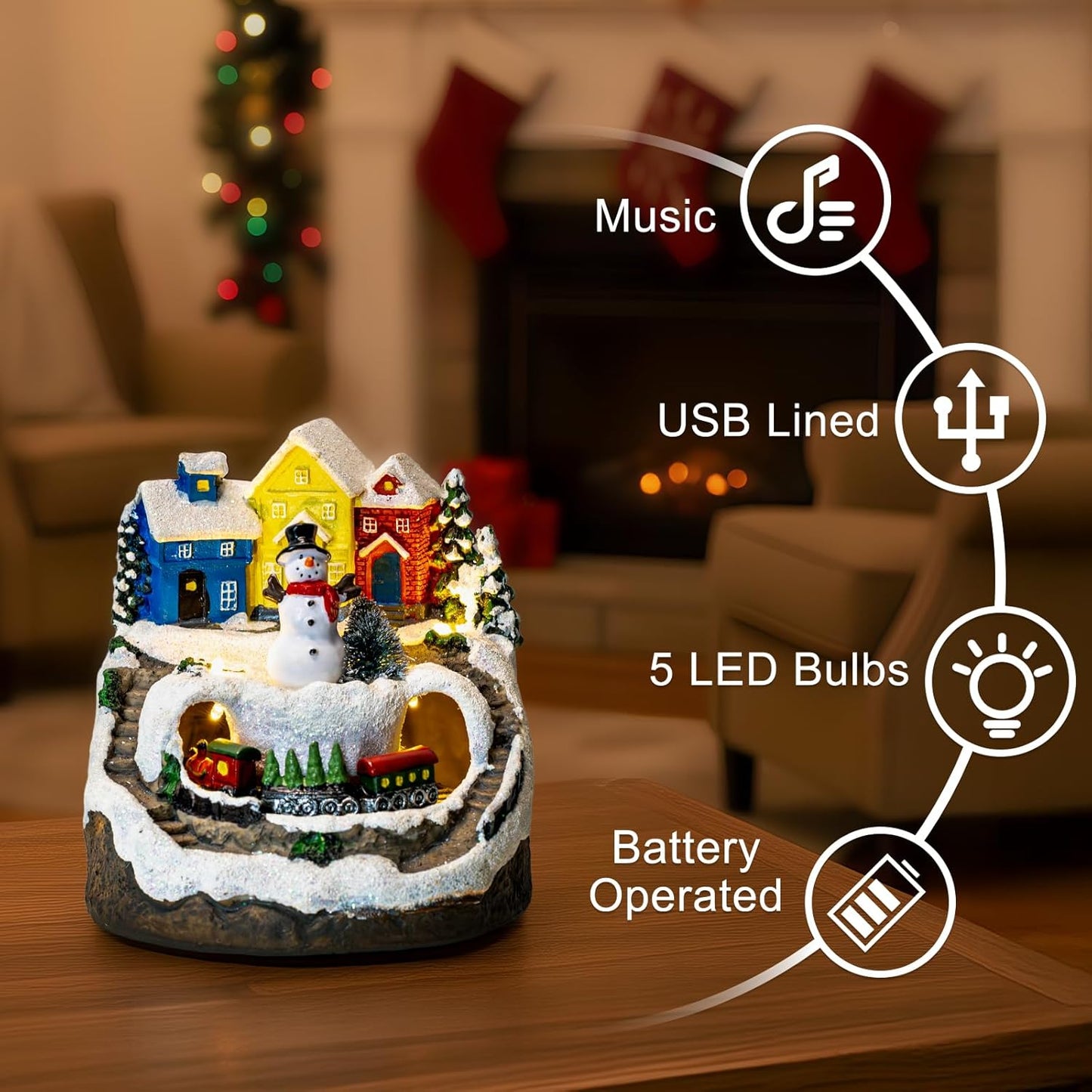 ZQQLITE Animated Musical Christmas Snowman Village - Lighted Figurines with Rotating Train | Holiday Tabletop Decor