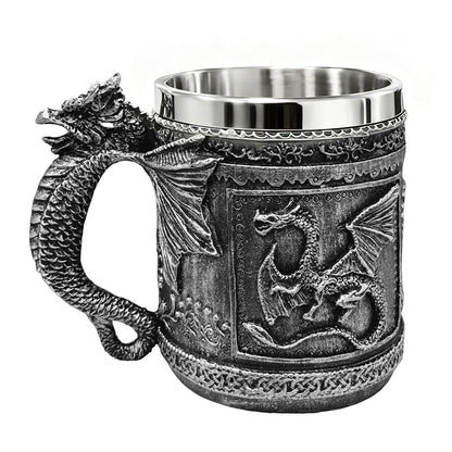 Silver Variation Medieval Roaring Dragon Beer Mug 16oz – Resin Exterior with Stainless Steel Lining
