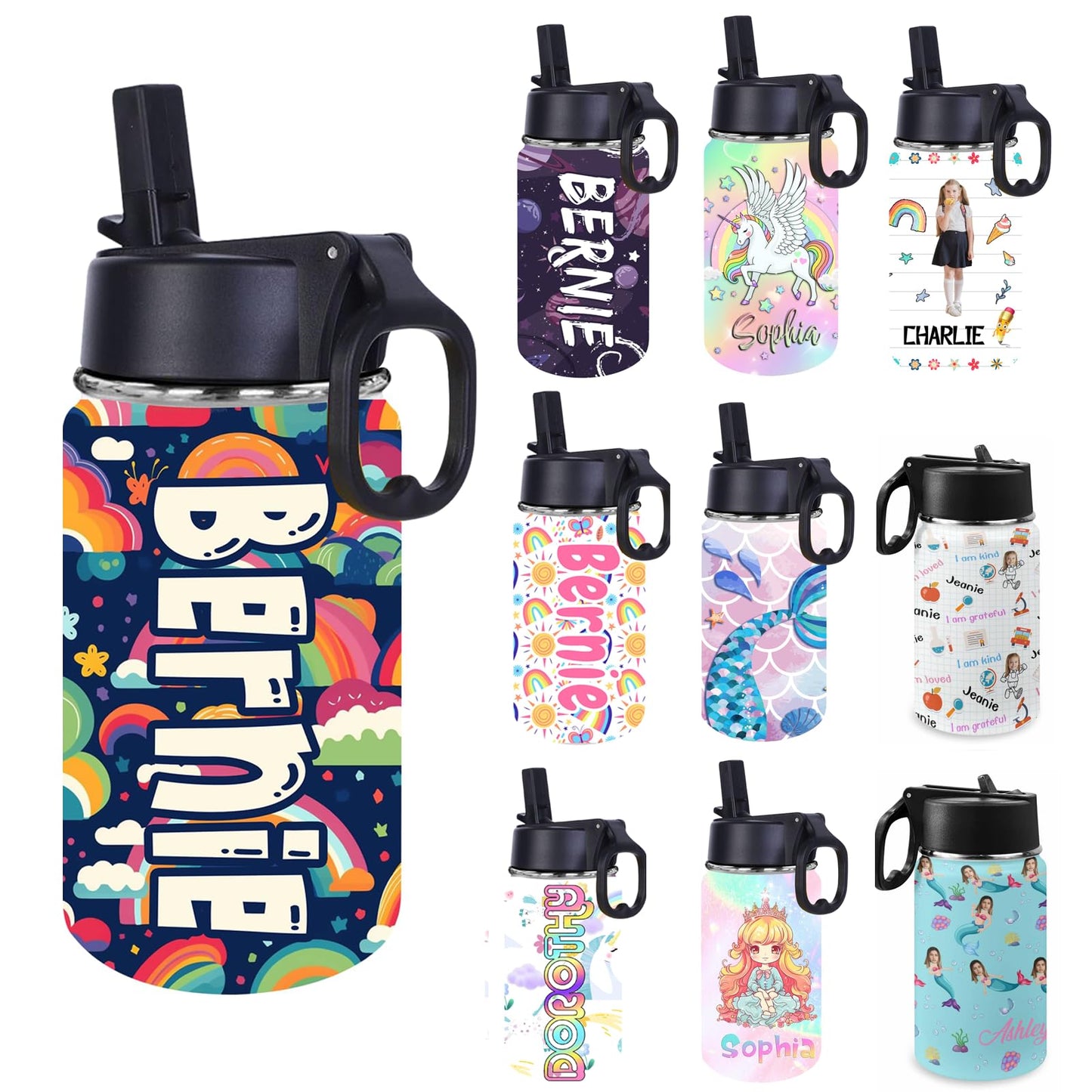 Personalized Kids Water Bottle with Straw for Boys Girls Custom Sports Water Cup with Kids Name Customized Double-Wall Insulation Water Bottle Gift for Kids Toddler Children School Birthday 12oz