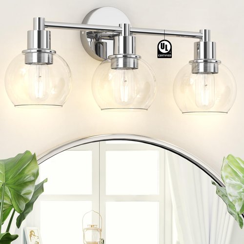 Espird 3 Lights Bathroom Vanity Light Fixtures Chrome, Bathroom Lights Over Mirror, Industrial and Farmhouse 3 Light Wall Sconce, Polished Chrome Globe Vanity Lighting Fixtures