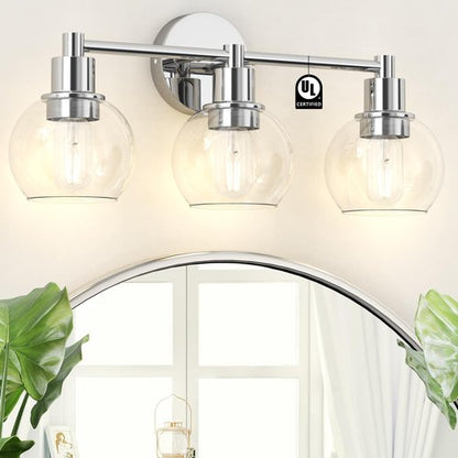 Espird 3 Lights Bathroom Vanity Light Fixtures Chrome, Bathroom Lights Over Mirror, Industrial and Farmhouse 3 Light Wall Sconce, Polished Chrome Globe Vanity Lighting Fixtures