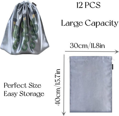 GONGKANGYUAN Satin Wig Bags - 12 Pcs Soft Silk Pouches with Drawstring for Hair Extensions | Grey