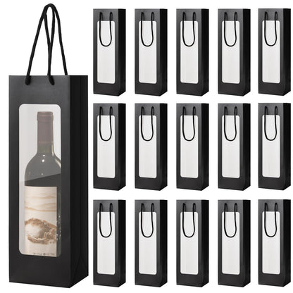 TINSKY 12Pcs Wine Gift Bags with Handle for Wine Bottles Clear Window Wine Bags Reusable Wine Bags Bulk for Anniversary Birthday New Year Party (Black)