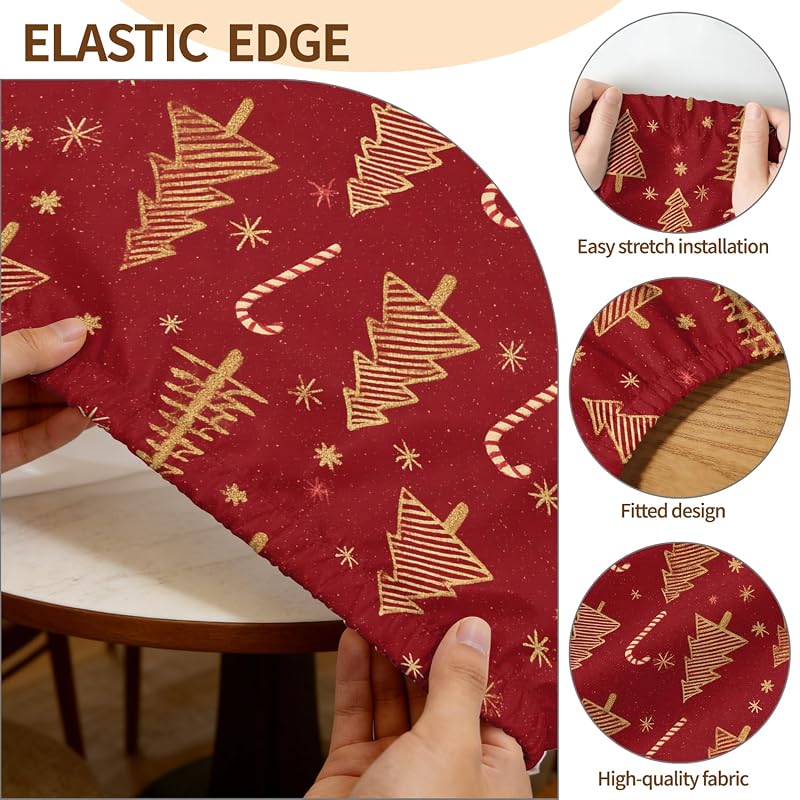 Round Fitted Christmas Tablecloth 37-44in - Elastic Edge, 65in Table Coverage - ARTSGOO Tree + 44" Variation