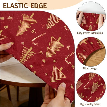 Round Fitted Christmas Tablecloth 37-44in - Elastic Edge, 65in Table Coverage - ARTSGOO Tree + 44" Variation