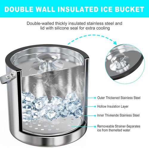 Ice Bucket with Lid Strainer Tong,2QT Double Walled Stainless Steel Insulated Ice Bucket Container,Good Sealing Ice Cube Bucket with Cover for Chilling Beer Cocktail Bar Parties