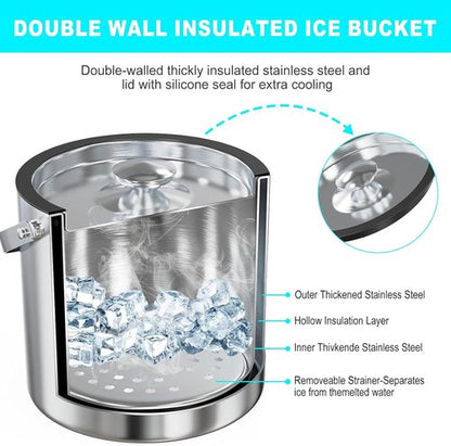 Ice Bucket with Lid Strainer Tong,2QT Double Walled Stainless Steel Insulated Ice Bucket Container,Good Sealing Ice Cube Bucket with Cover for Chilling Beer Cocktail Bar Parties
