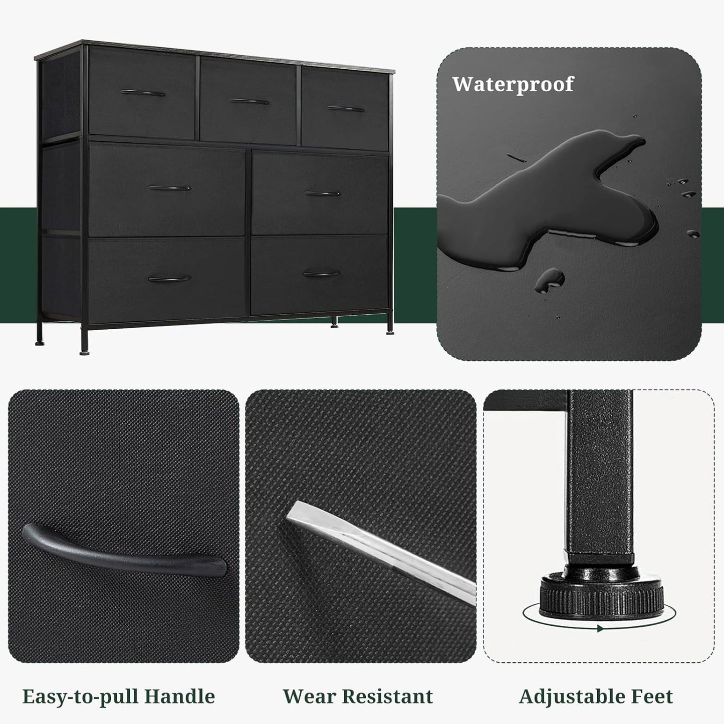 Skiennix 7-Drawer Dresser - Anti-Tip Storage Organizer with Wooden Top | Black Fabric Chest for Bedroom & Living Room