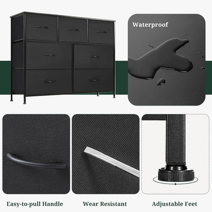 Skiennix 7-Drawer Dresser - Anti-Tip Storage Organizer with Wooden Top | Black Fabric Chest for Bedroom & Living Room