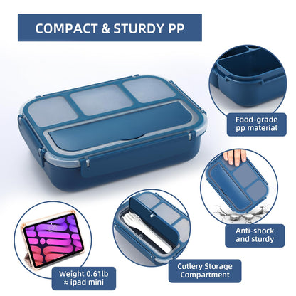 QQKO Bento Box Adult Lunch Box, Lunch Containers for Adults Men Women, Kids Lunch Boxes for School with 4 Compartments, Sauce Container, Utensils and Muffin Cups, Navy