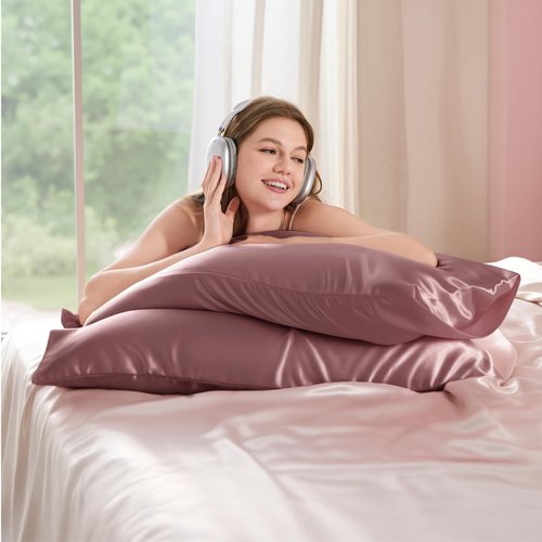 Bedsure Satin Pillowcase for Hair and Skin Queen - Silky Pillowcase 2 Pack with Envelope Closure, Similar to Silk Pillow Cases, Gifts for Women Men, Nostalgia Rose, 20x30 Inches, 2pcs