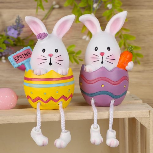 Lulu Home Easter Bunny Figurines - 2 Pack Resin Egg Shelf Sitters with Dangling Legs | Modern Tabletop Decor
