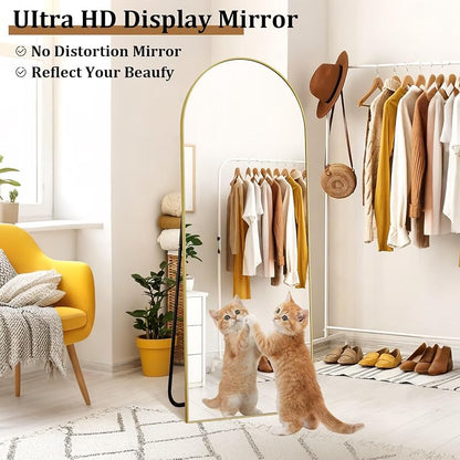 Arched Full-Length Floor Mirror with Gold Aluminum Frame — 59x16in, Free-Standing