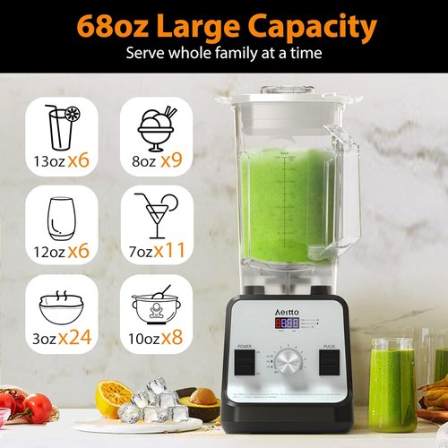 Aeitto Blender - Professional 1500-Watt Countertop Blender | 68 Oz Capacity for Ice Crushing & Frozen Drinks - Silver