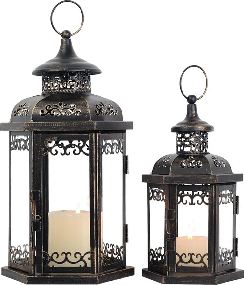 DECORKEY Large Metal Lanterns - Vintage Decorative Candle Holders for Indoor & Outdoor | Set of 2 (15’’ & 11’’)