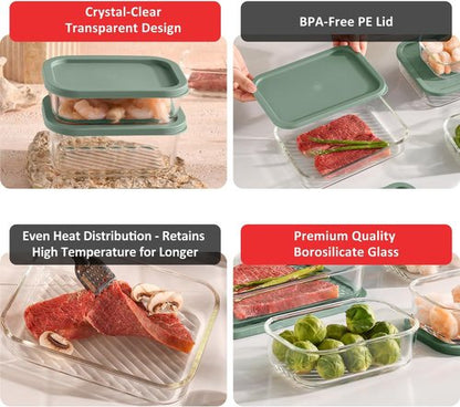 EATEX Glass Meal Prep Containers - 6 Pack BPA-Free, Stackable with Lids | Microwave & Oven Safe - Sage