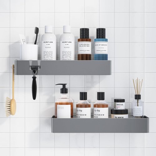 Kitsure Shower Caddy - Rustproof Adhesive Organizer | No-Drill Metal Shelves, Silver Grey, 2 Pack